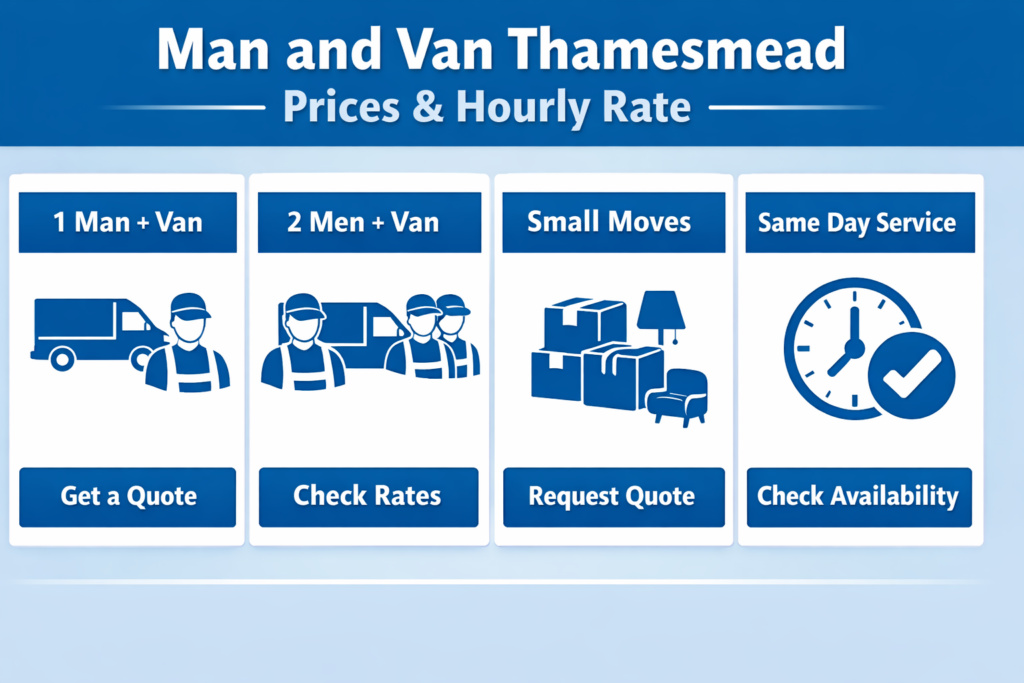 Blue and white man and van Thamesmead prices and hourly rate infographic by Sureman Removals