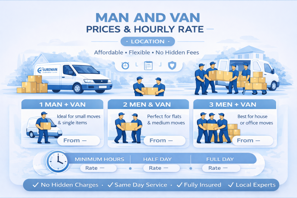 man and van Ilford prices hourly rate infographic blue white