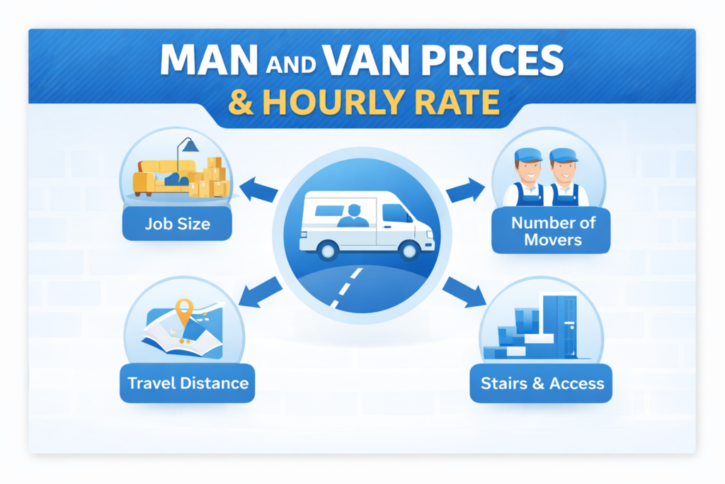 Infographic showing factors that affect man and van Wembley prices and hourly rate