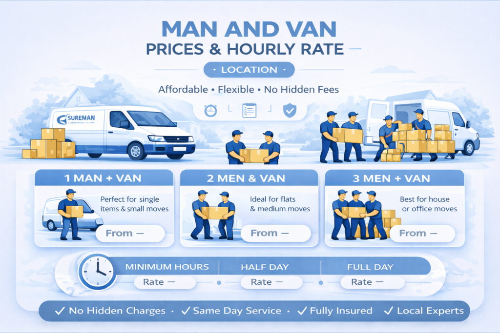"man and van Hornchurch prices hourly rate infographic blue white"