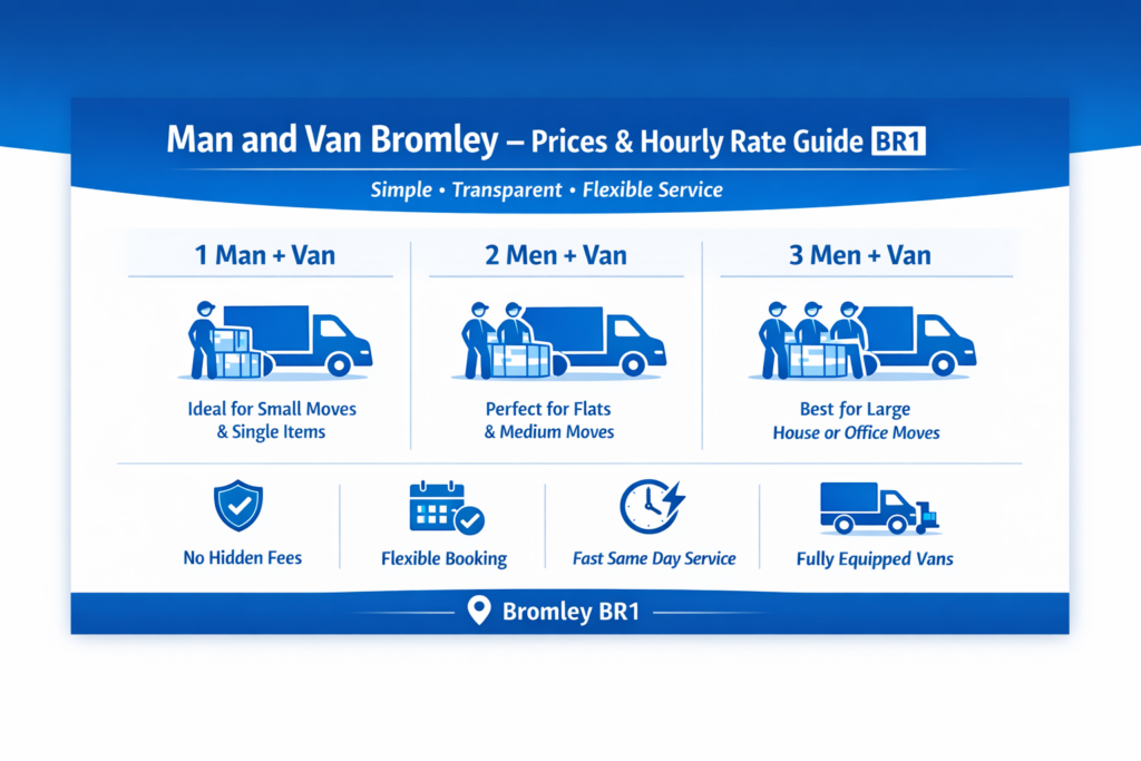 man and van Bromley service options infographic showing 1 man 2 men and 3 men van service