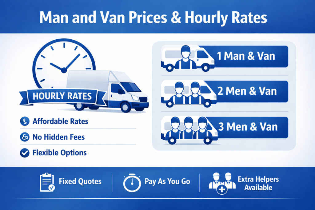 Infographic explaining factors that affect man and van Kilburn prices and hourly rates