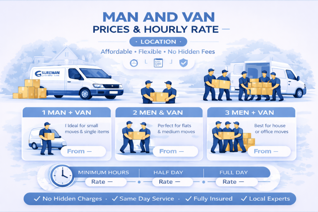 Man and van Kentish pricing and hourly rate infographic blue white