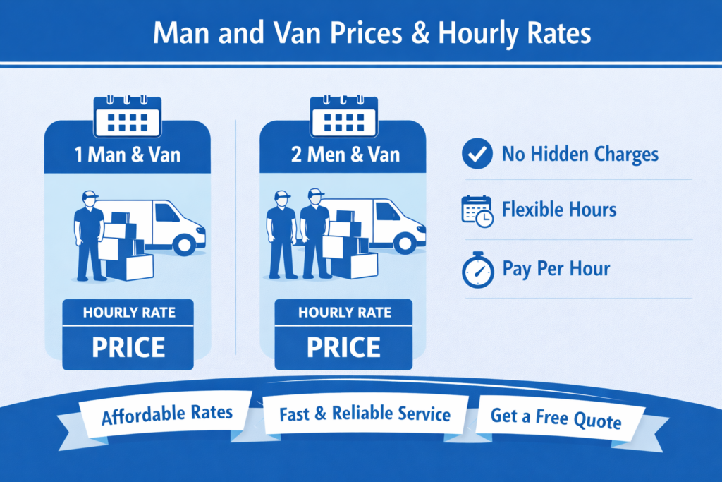 man and van prices and hourly rate infographic showing 1 man and van and 2 man and van service options with affordable flexible pricing
