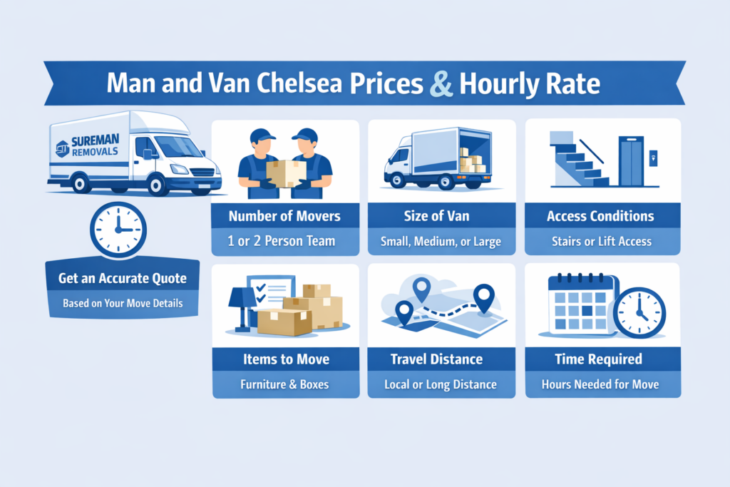 Infographic showing man and van Beckton pricing factors step by step
