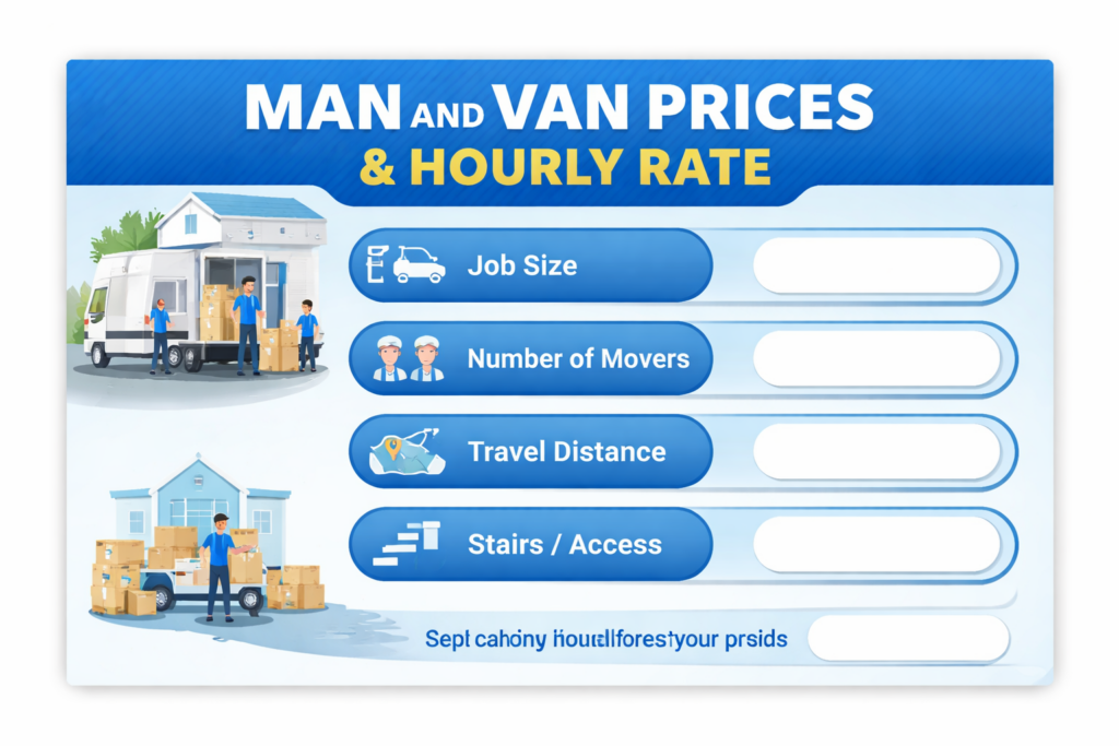Infographic showing man and van Welling prices and hourly rate factors including job size and travel distance