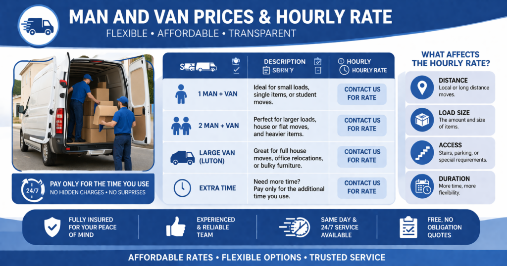Man and van pricing comparison with hourly rates for 1 man & van and 2 men & van services. Highlighting no hidden fees, flexible hours, and fully insured service.