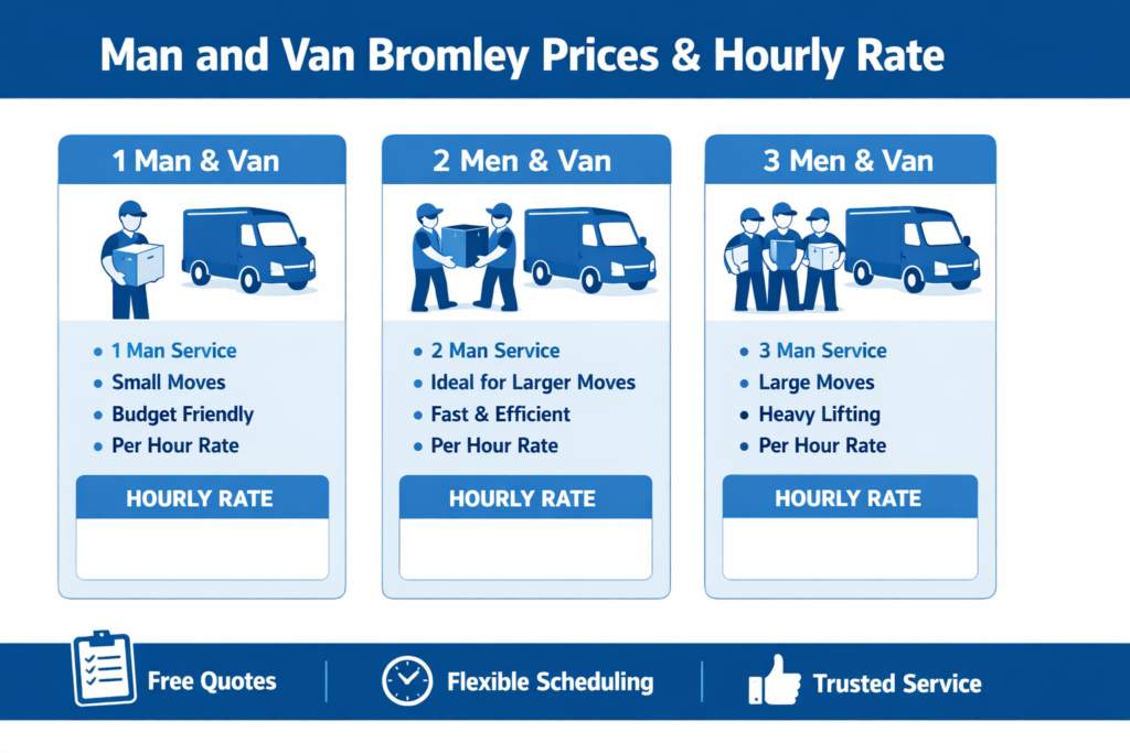 Blue and white infographic showing Man and Van Bromley prices and hourly rate service options with blank price fields