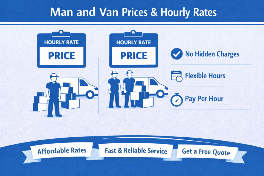 man and van prices and hourly rate infographic showing 1 man and van and 2 man and van service options with affordable flexible pricing