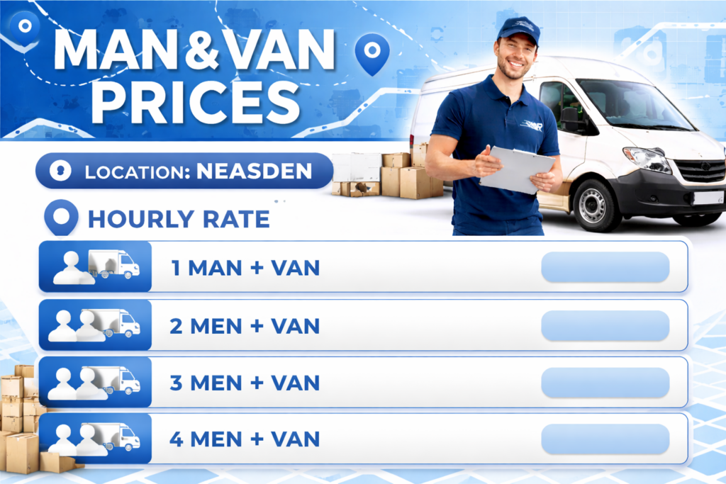 Man and van prices in Neasden with hourly rates for 1, 2, 3, or 4 men and van services