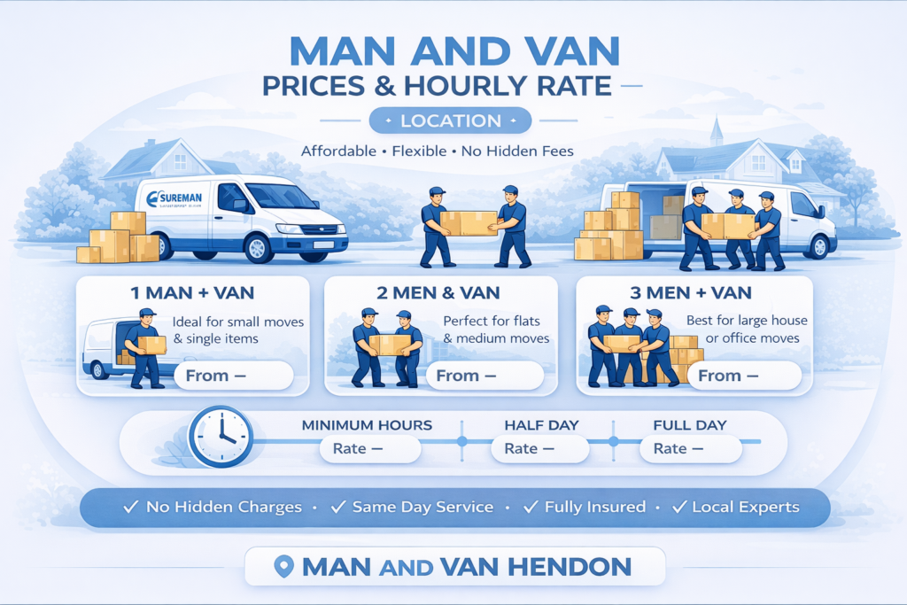 man and van Hendon prices and hourly rate infographic blue white