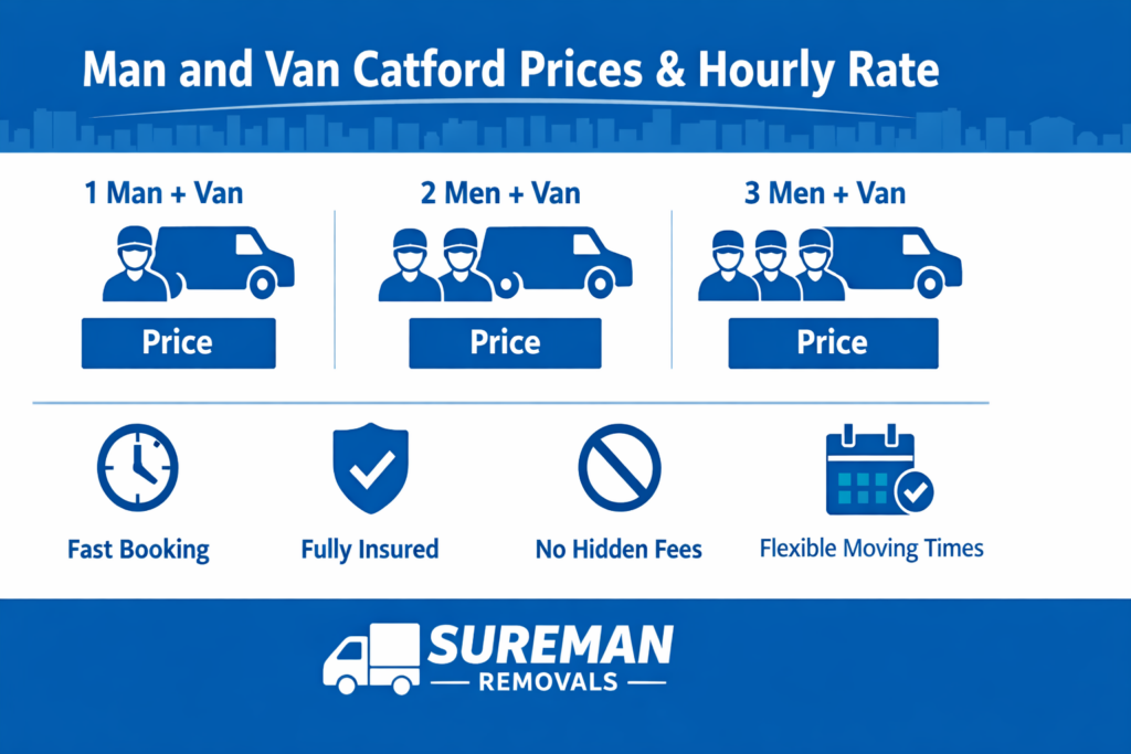 Blue and white infographic showing Man and Van Catford prices and hourly rate options by Sureman Removals