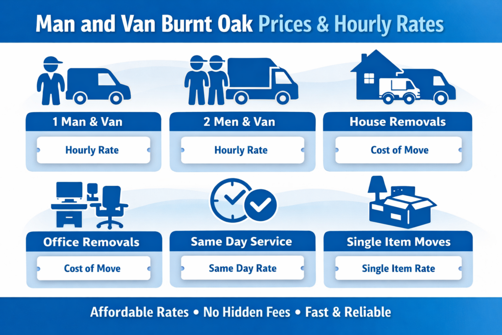 Man and van Burnt Oak prices and hourly rate infographic by Sureman Removals