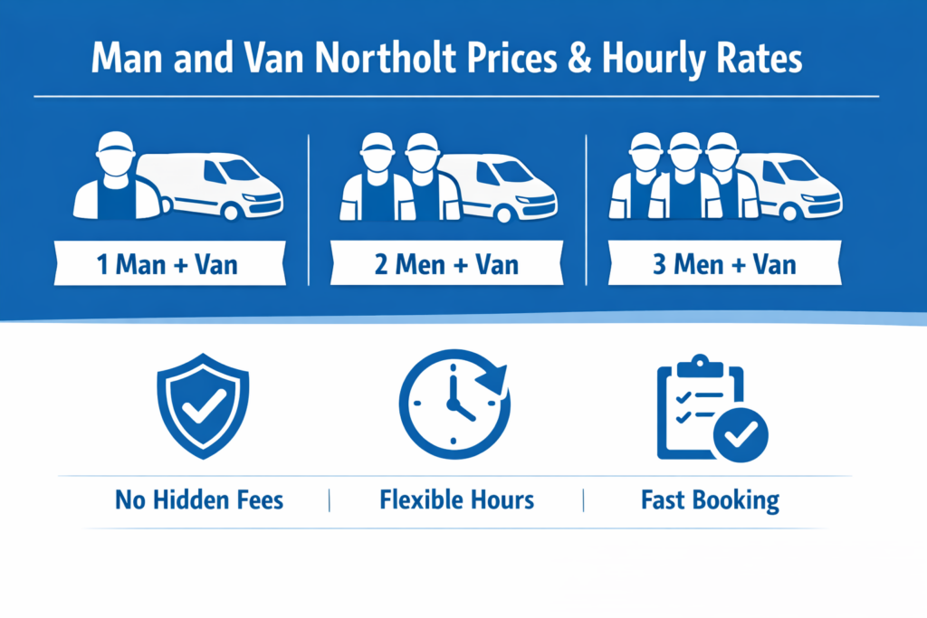 man and van Northolt prices and hourly rate infographic showing service options without pricing numbers
