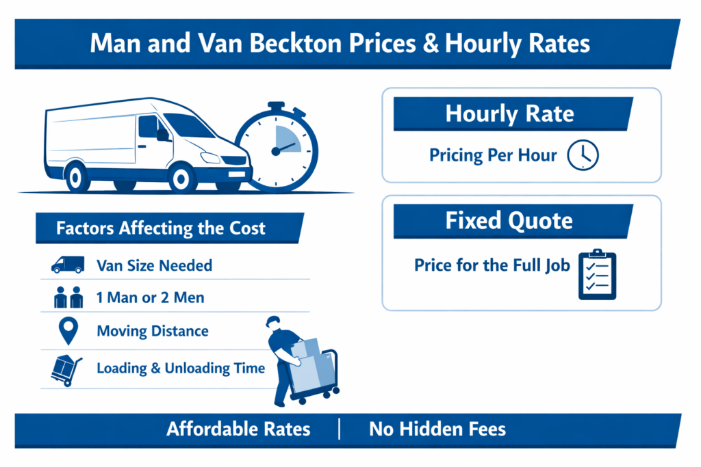 Blue and white infographic showing man and van Beckton prices and hourly rate factors, including van size, number of movers, moving distance, and loading time.