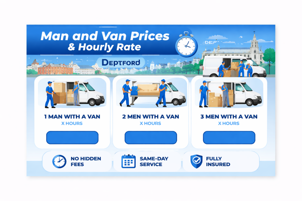 Affordable man and van pricing and hourly rate infographic for Deptford