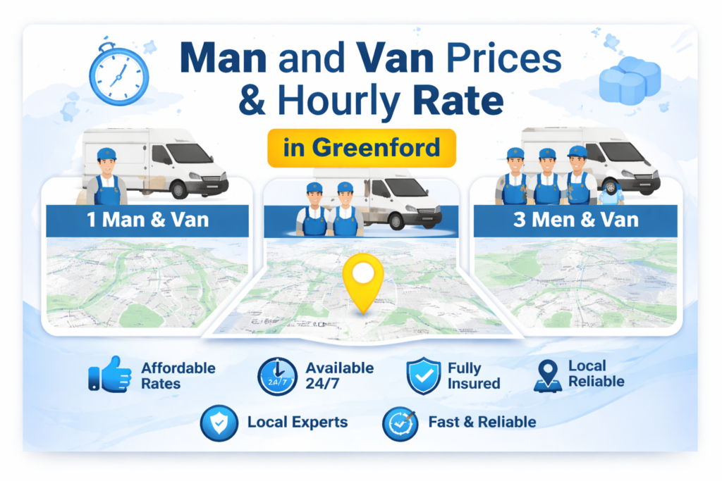 Man and Van Greenford pricing infographic showing 1, 2, and 3 men and van options with affordable rates and local expertise