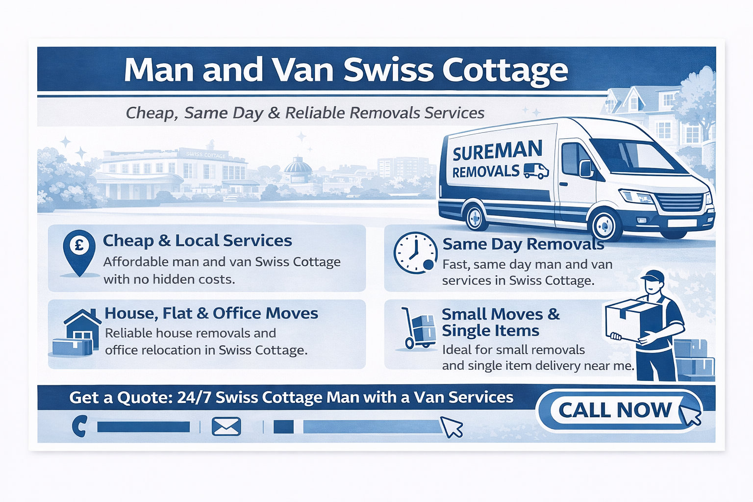 Infographic showing man and van services in Swiss Cottage including house removals, same day moves and small removals