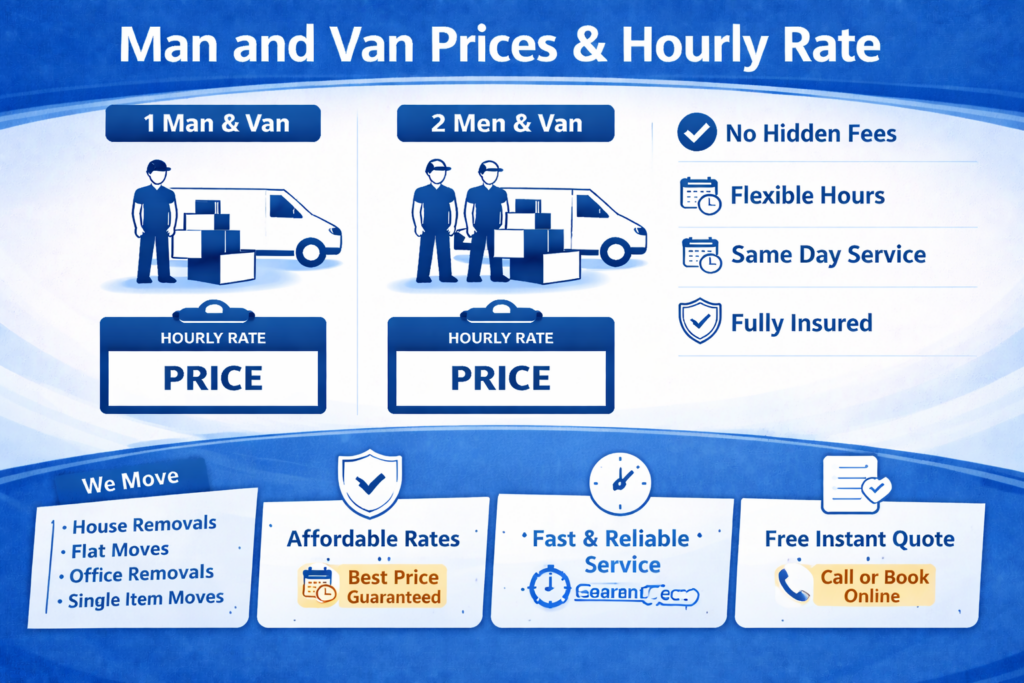 man and van Greenwich cheap pricing infographic showing service options and benefits