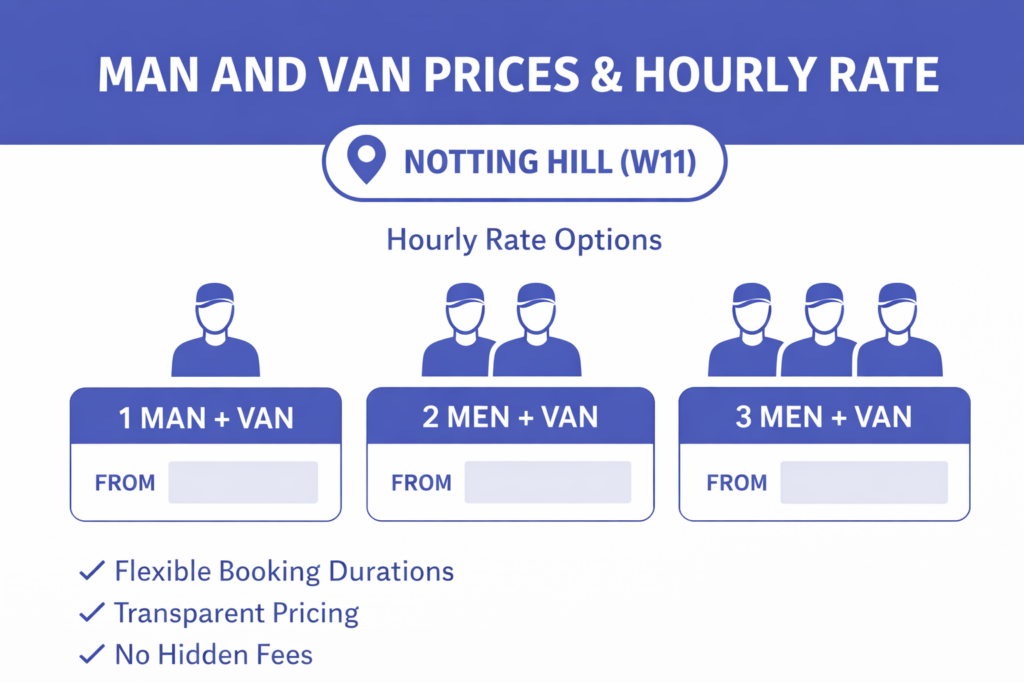Man and van Notting Hill pricing infographic showing hourly rate options for 1 man 2 men and 3 men services in W11