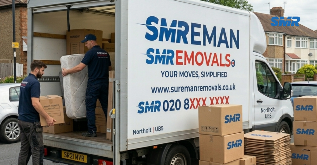 cheap man and van Northolt with branded van and movers loading furniture in UB5