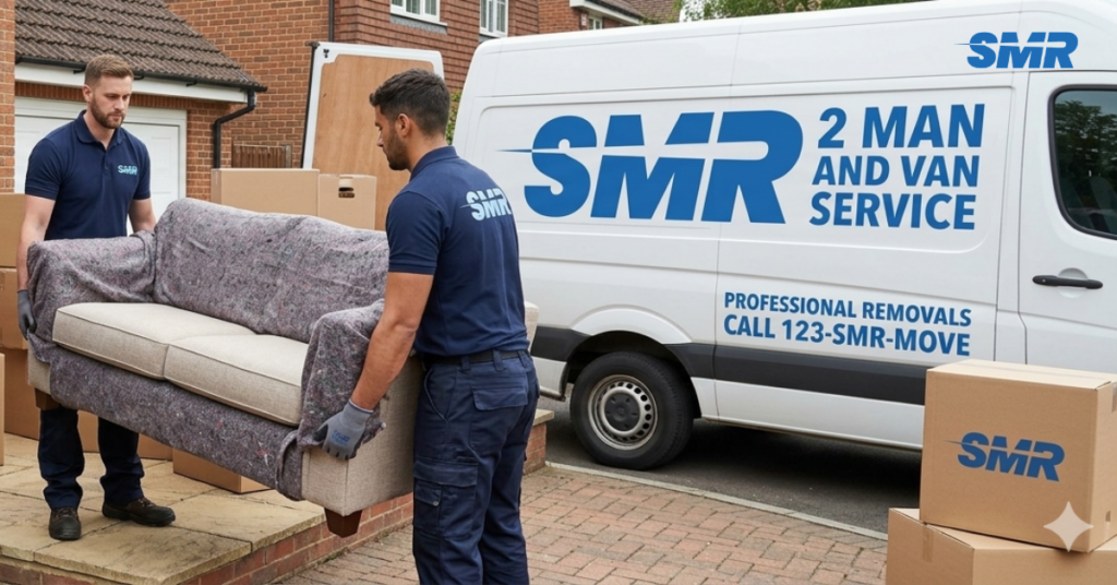 2 man and van Northolt team carrying sofa during house removal