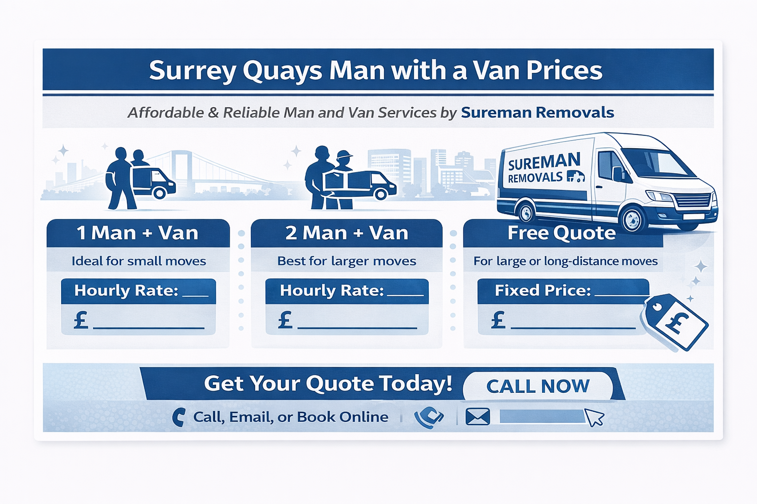 Surrey Quays man and van prices infographic showing hourly rate and fixed price options