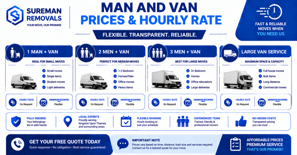 Man and van Kingston Upon Thames pricing infographic displaying various service tiers without price symbols.