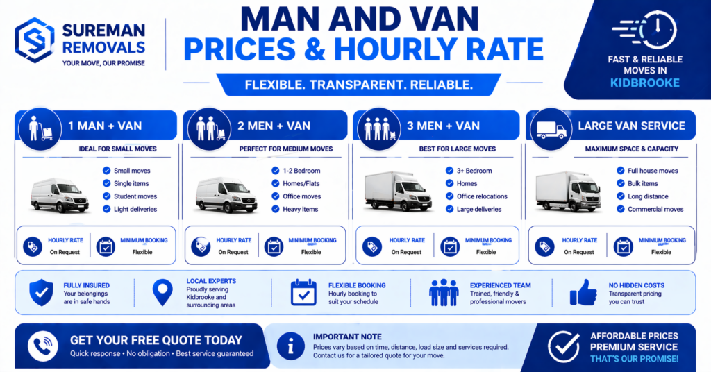 Man and van Kidbrooke infographic displaying service options and hourly rate structure without prices