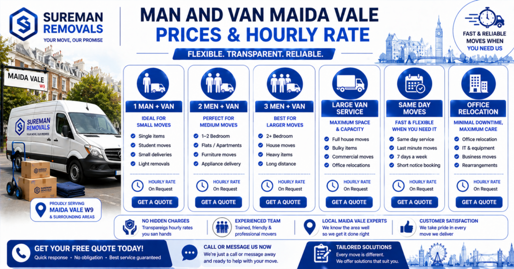 Man and van Maida Vale pricing infographic showing service tiers and hourly rate options without currency symbols