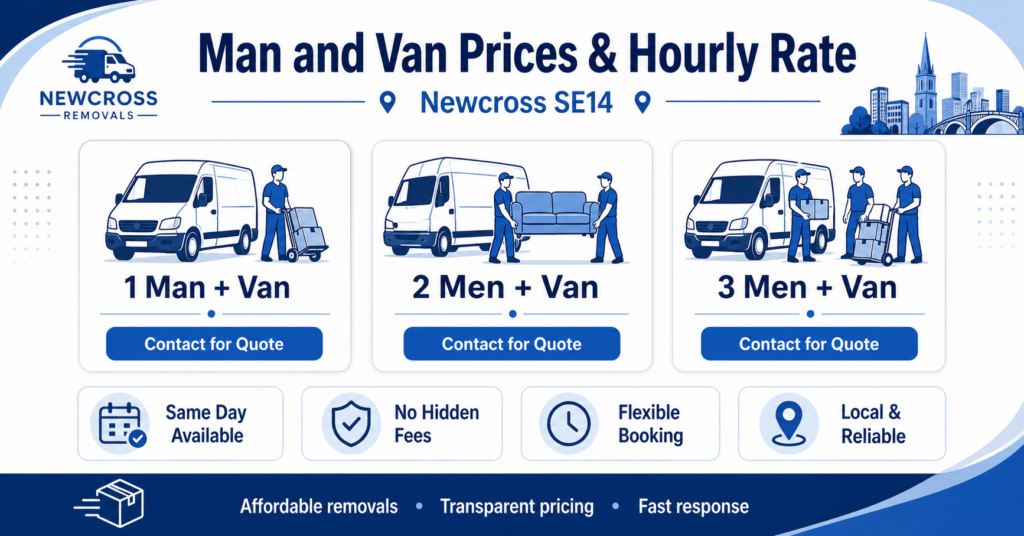 Blue and white man and van Newcross pricing infographic showing moving service options without prices