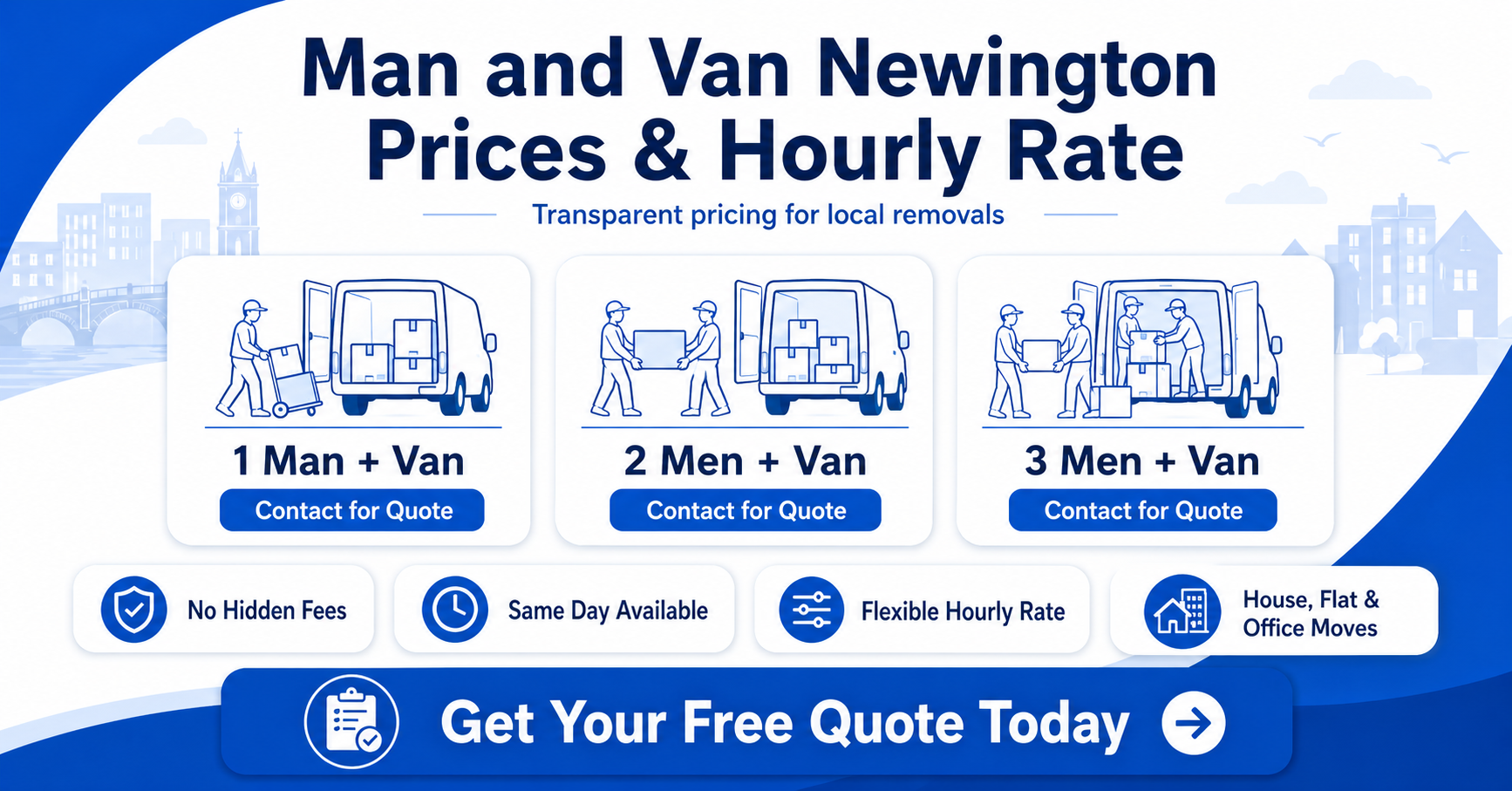 Blue and white man and van Newington pricing infographic showing service options without prices