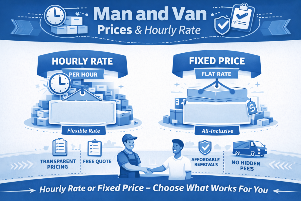 Man and Van Newington prices and hourly rate infographic with service options