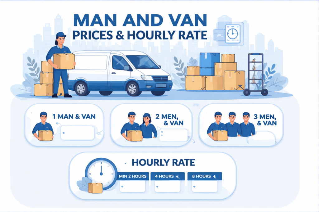 Man and Van Paddington prices and hourly rate infographic showing moving service options