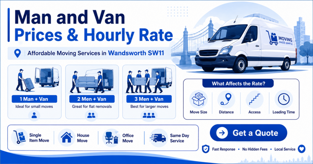 Man and van Wandsworth SW11 prices and hourly rate infographic with moving service options