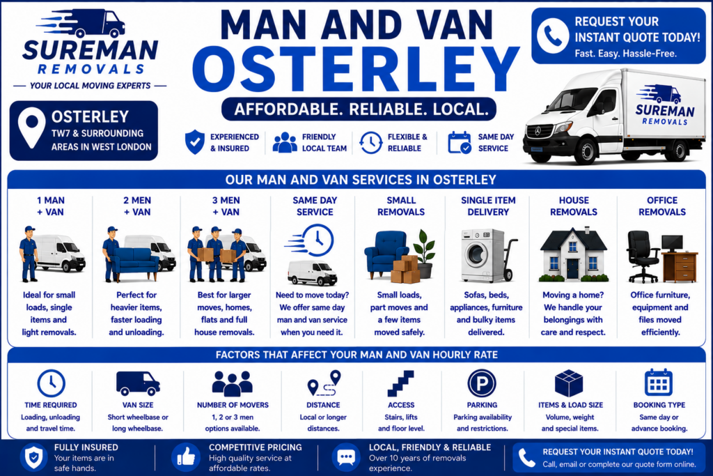 Man and Van Osterley prices and hourly rate infographic showing moving service options