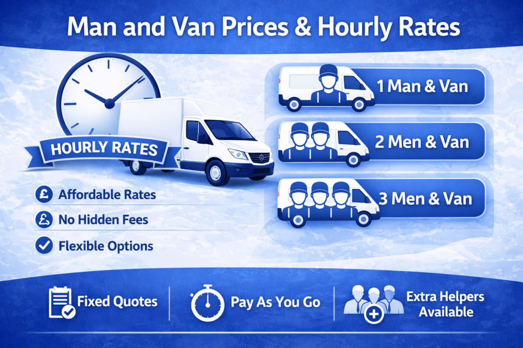 Blue and white infographic for man and van Muswell Hill prices and hourly rate services