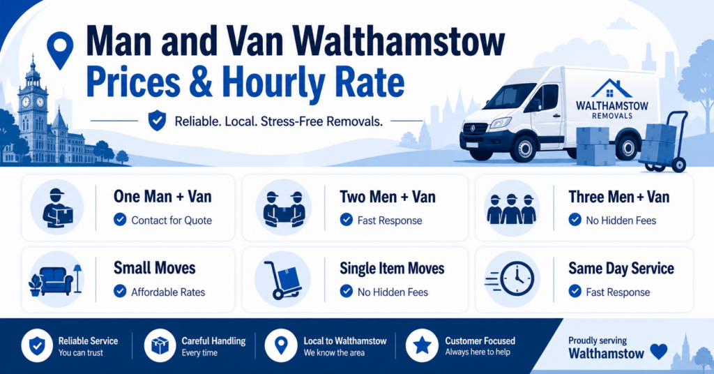 Blue and white infographic showing Man and Van Walthamstow prices and hourly rate services without figures