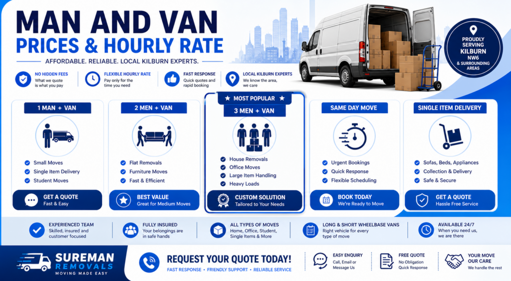 Man and van Kilburn prices hourly rate infographic no hidden fees same day service
