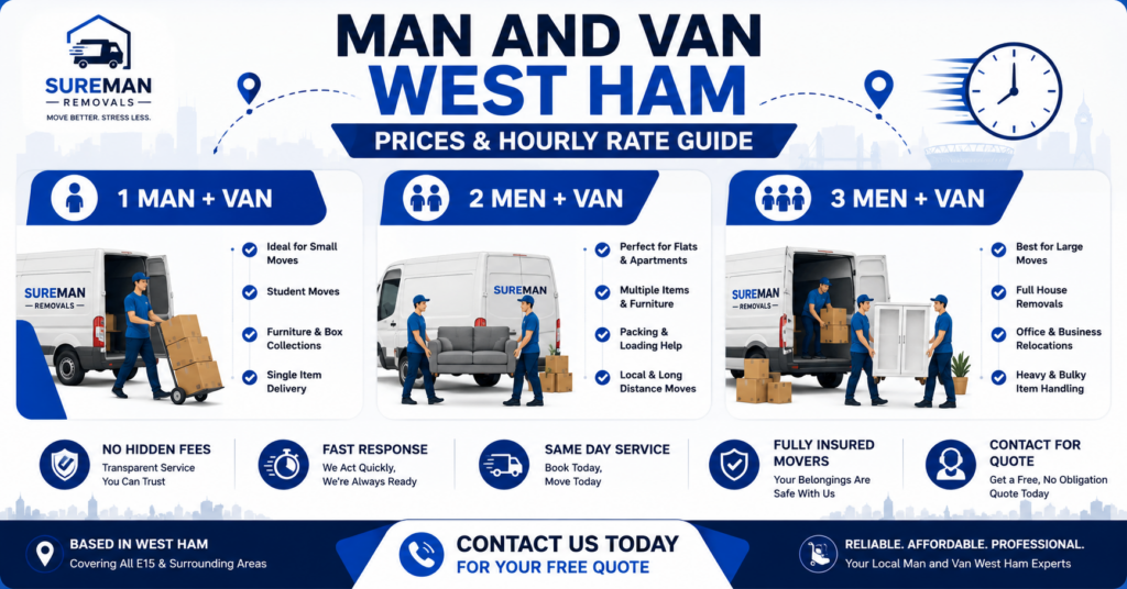 Man and van West Ham prices and hourly rate infographic with moving services