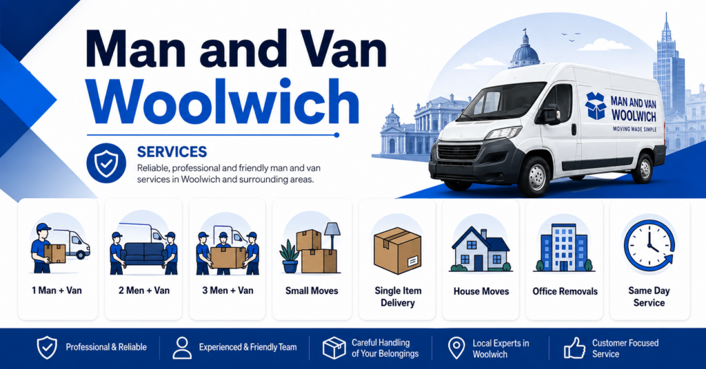 Man and Van Woolwich prices and hourly rate infographic with service options for local removals