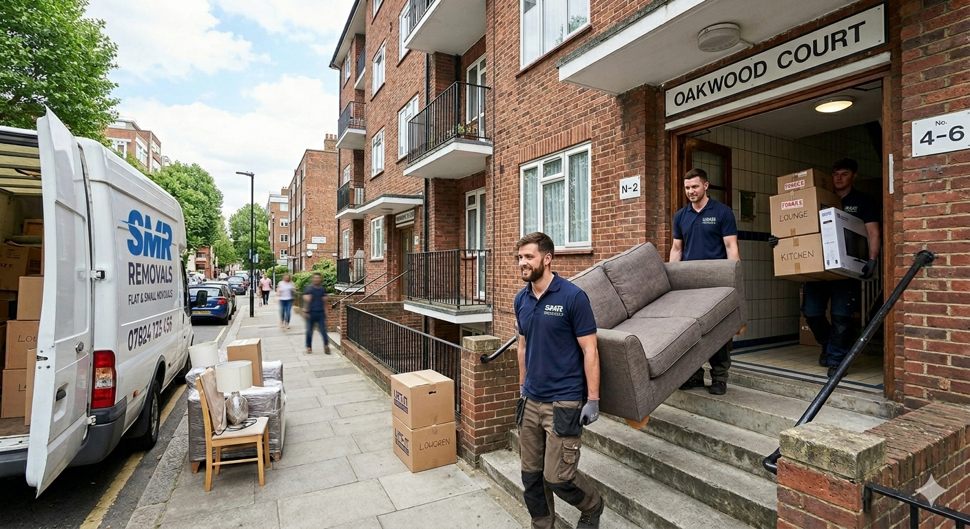 Flat removals Beckenham team moving furniture and boxes from a local apartment