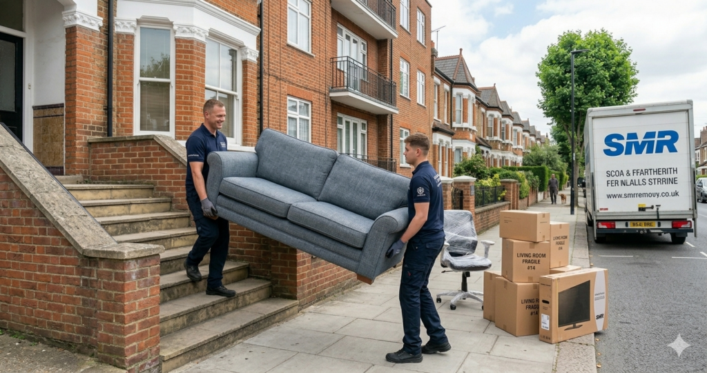 Two movers carrying a sofa for flat removals and single item delivery in Walthamstow