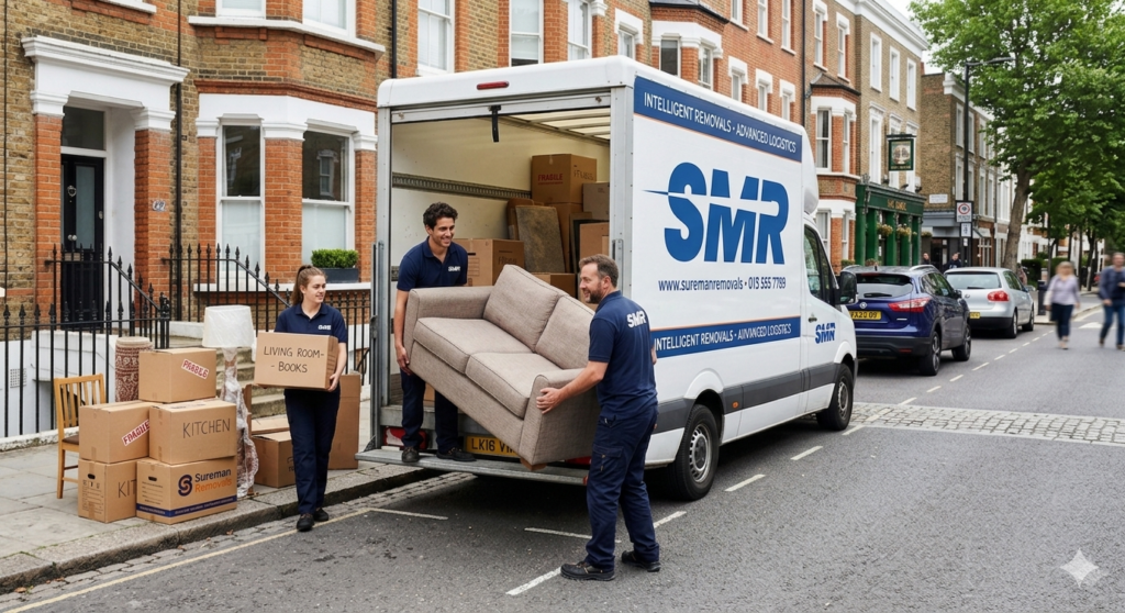 Man and Van Angel N1 team loading furniture into a removal van