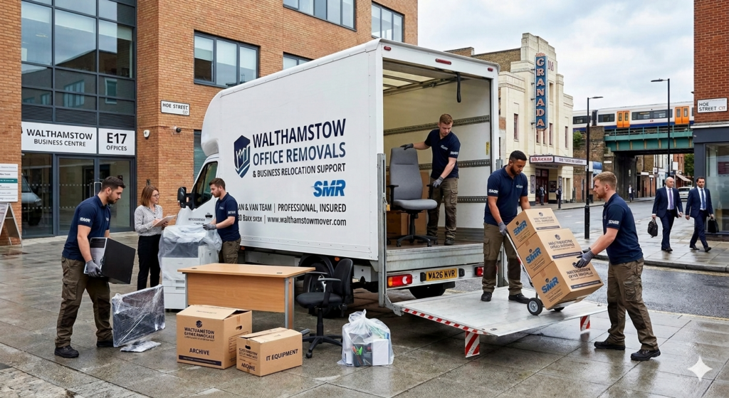 Office removals Walthamstow team moving desks boxes and business equipment into a van