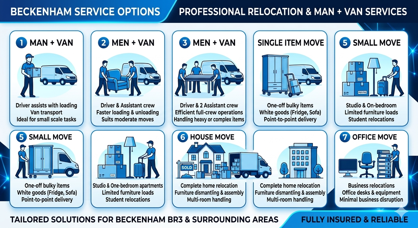 Man and Van Beckenham prices and hourly rate infographic with service options