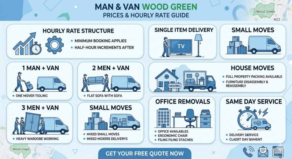 Man and Van Wood Green prices and hourly rate infographic showing service types without figures