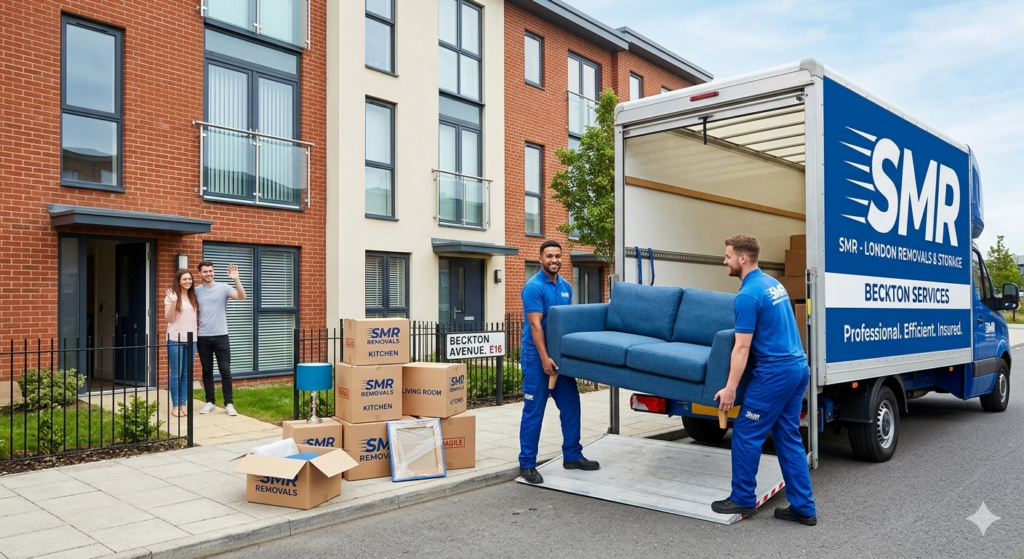Professional man and van Beckton team loading furniture into a removal van in Beckton E16