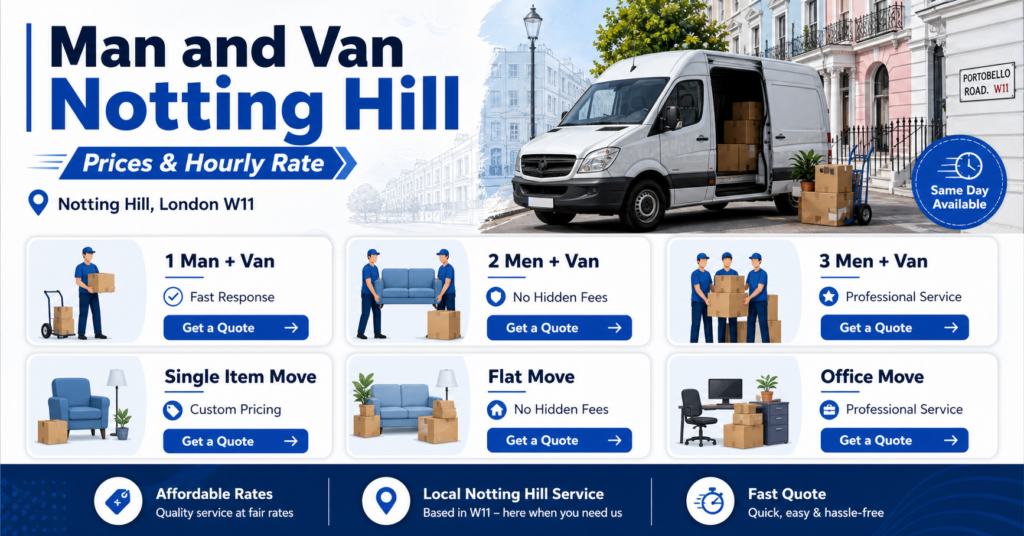 Man and van Notting Hill prices and hourly rate infographic with service options and no price figures