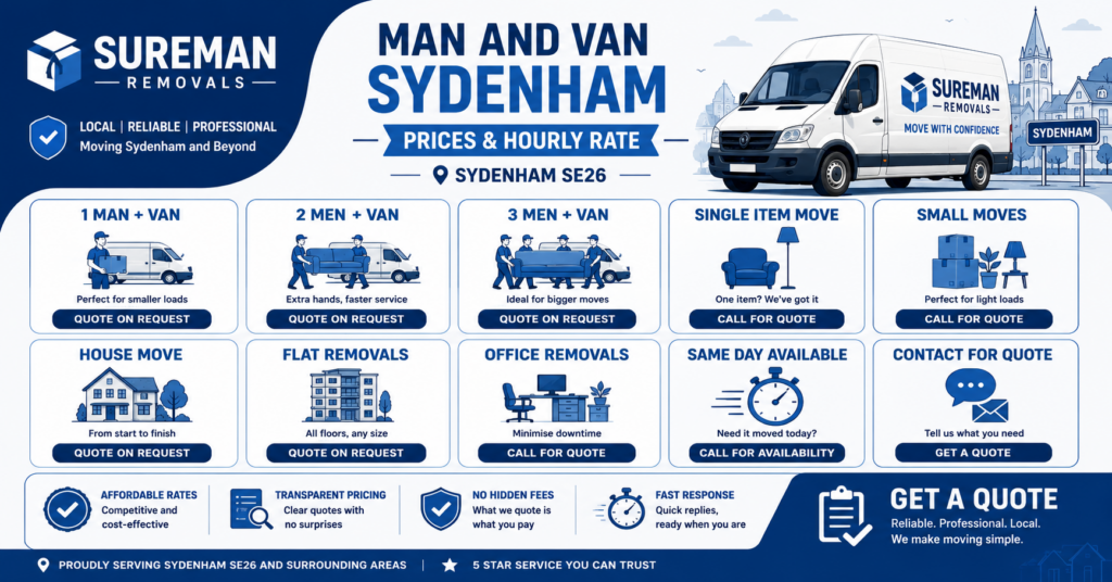 Blue and white Man and Van Sydenham prices and hourly rate infographic with moving service options